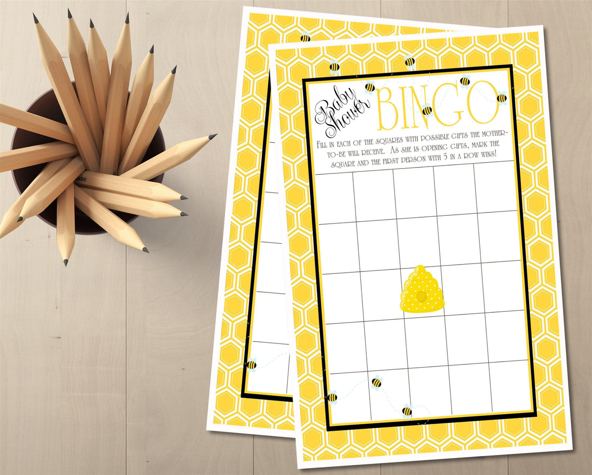 Yellow black bee baby shower bingo card