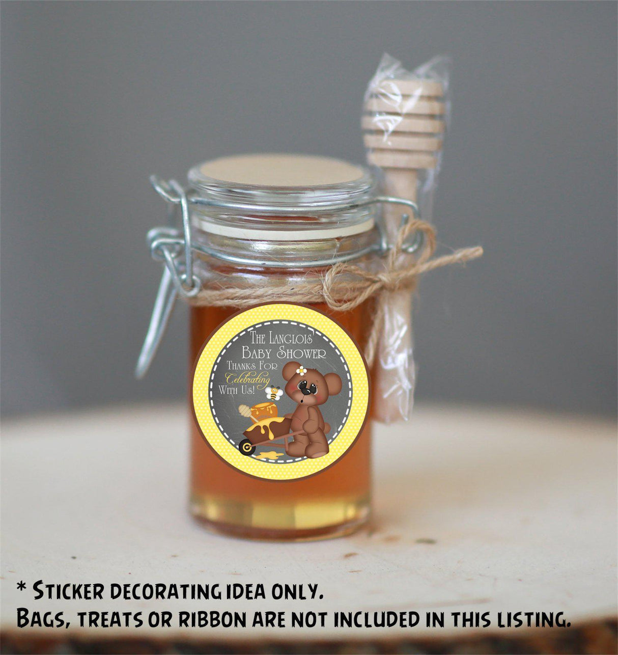 Yellow brown and chalkboard bear baby shower label