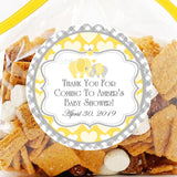 Yellow elephant baby shower stickers – gingham hearts design