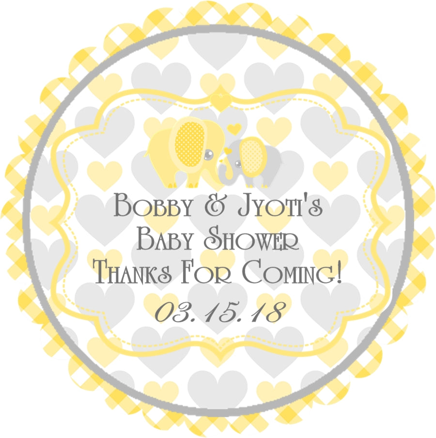 Yellow elephant baby shower stickers with heart pattern background