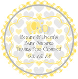 Yellow elephant baby shower stickers with heart pattern background