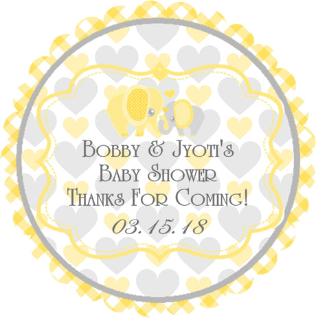 Yellow elephant baby shower stickers with heart pattern background