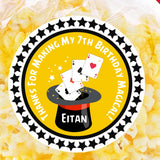 Yellow magic birthday sticker with magician hat and cards