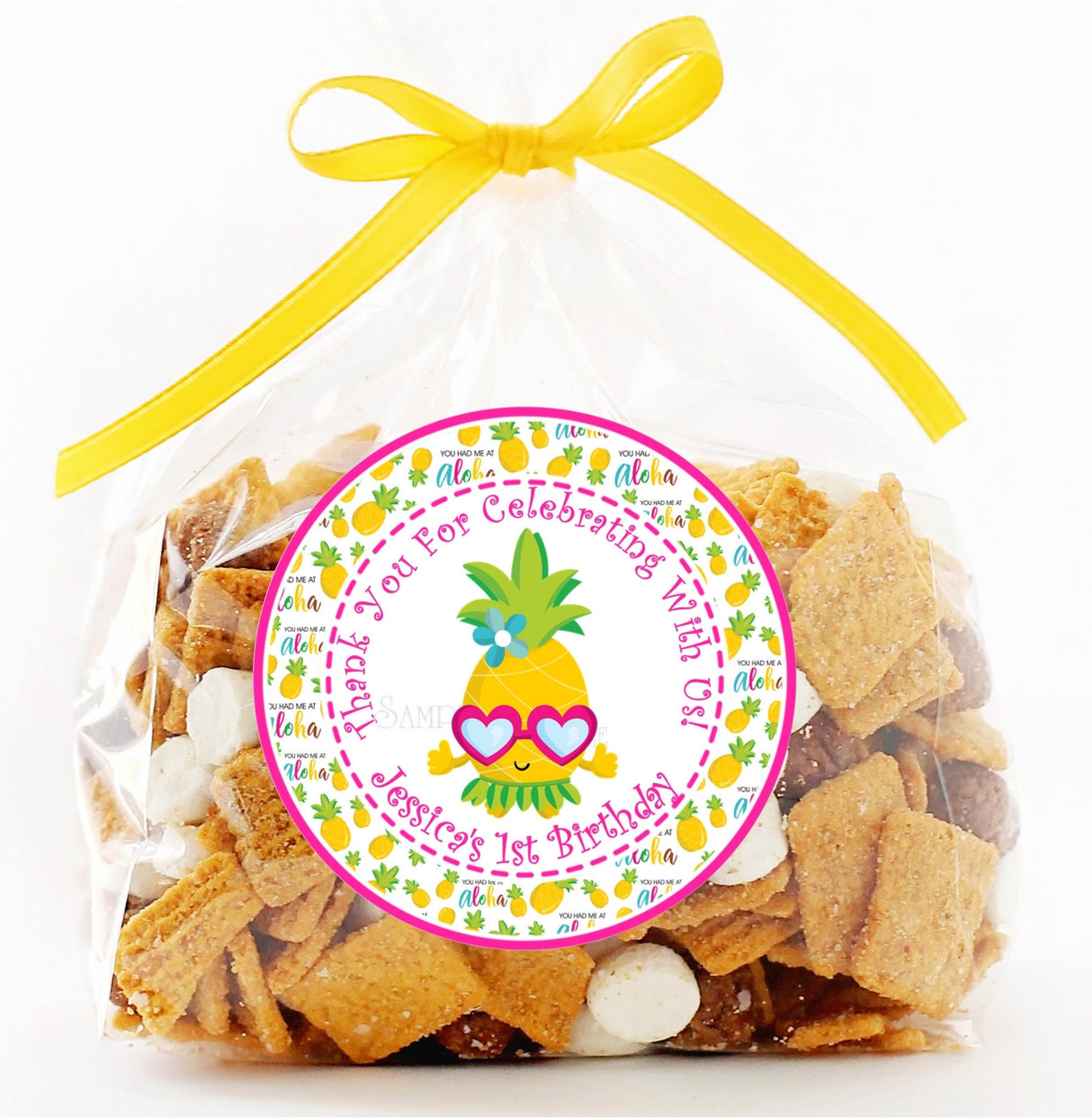 Yellow pineapple birthday sticker for tropical kids parties