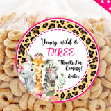 Young Wild & Three safari birthday sticker with pink leopard border