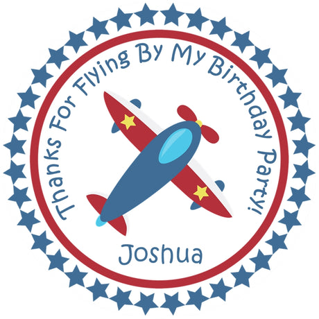 airplane birthday sticker with red blue plane and star border