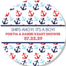 anchor pattern baby shower sticker with red blue and navy anchors and ships ahoy text