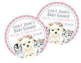 arctic animals baby shower sticker with pink floral accents