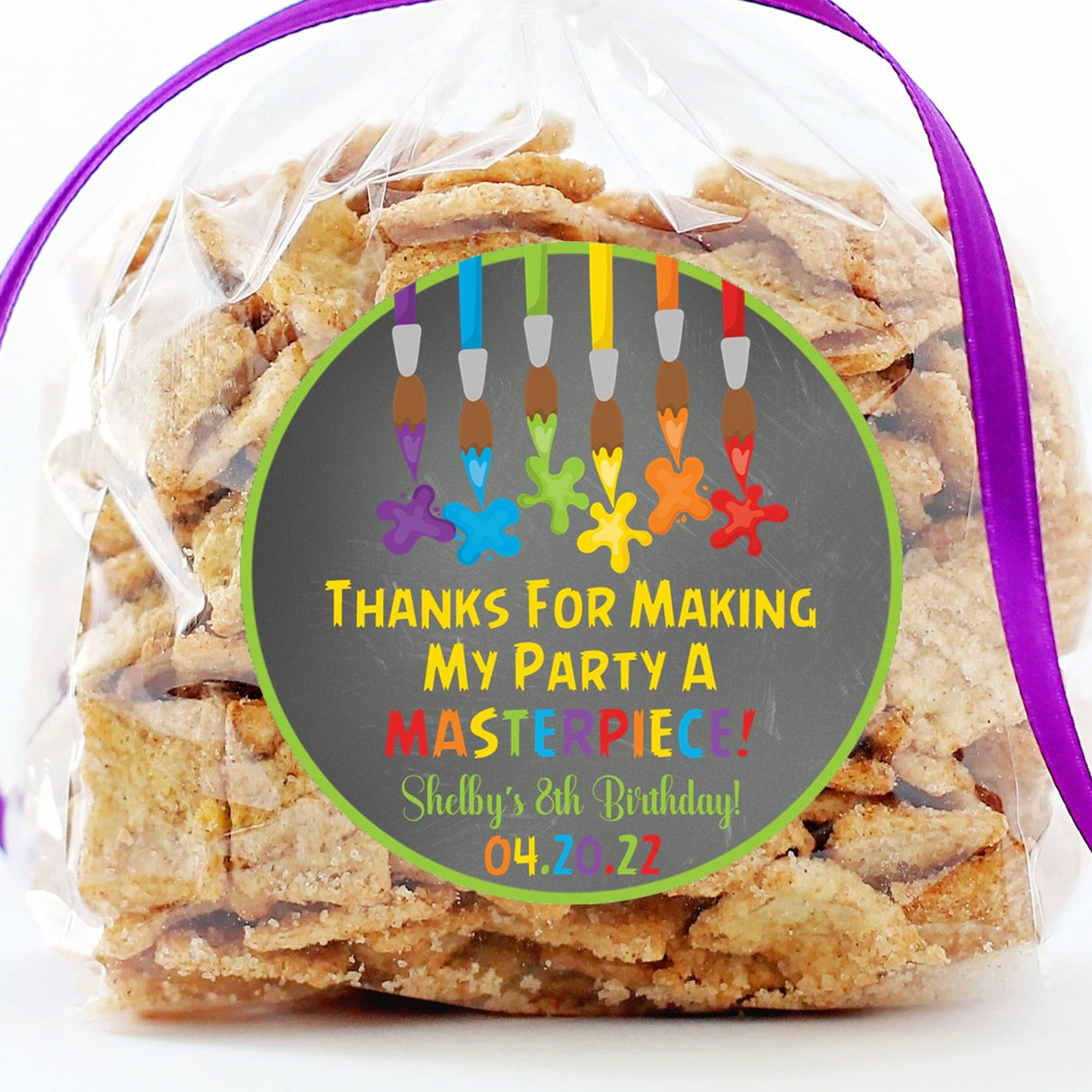 art party birthday sticker with paint brushes and colorful paint splashes