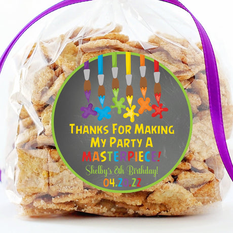 art party birthday sticker with paint brushes and colorful paint splashes