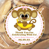 baby monkey with banana baby shower sticker in pink border