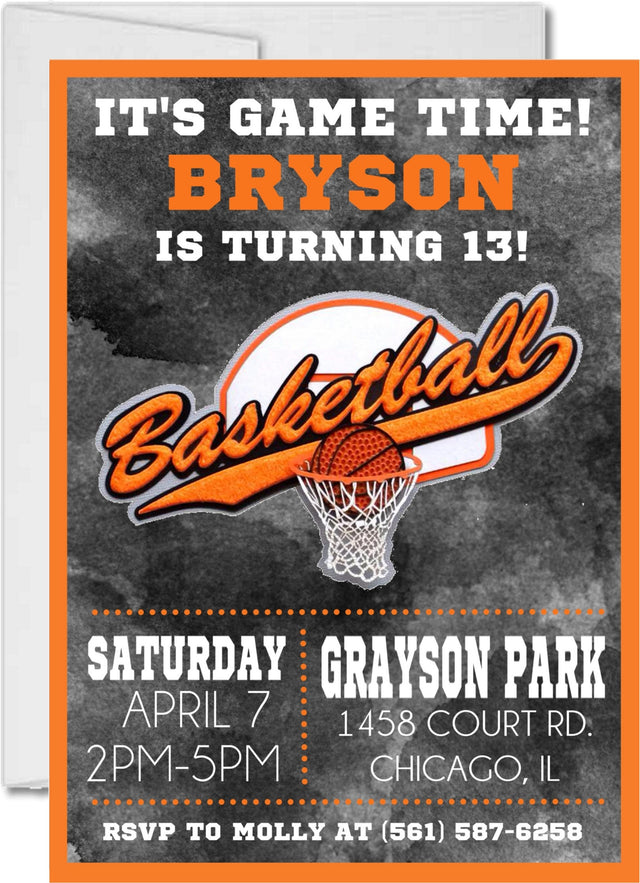 basketball birthday party invitations orange black sports design
