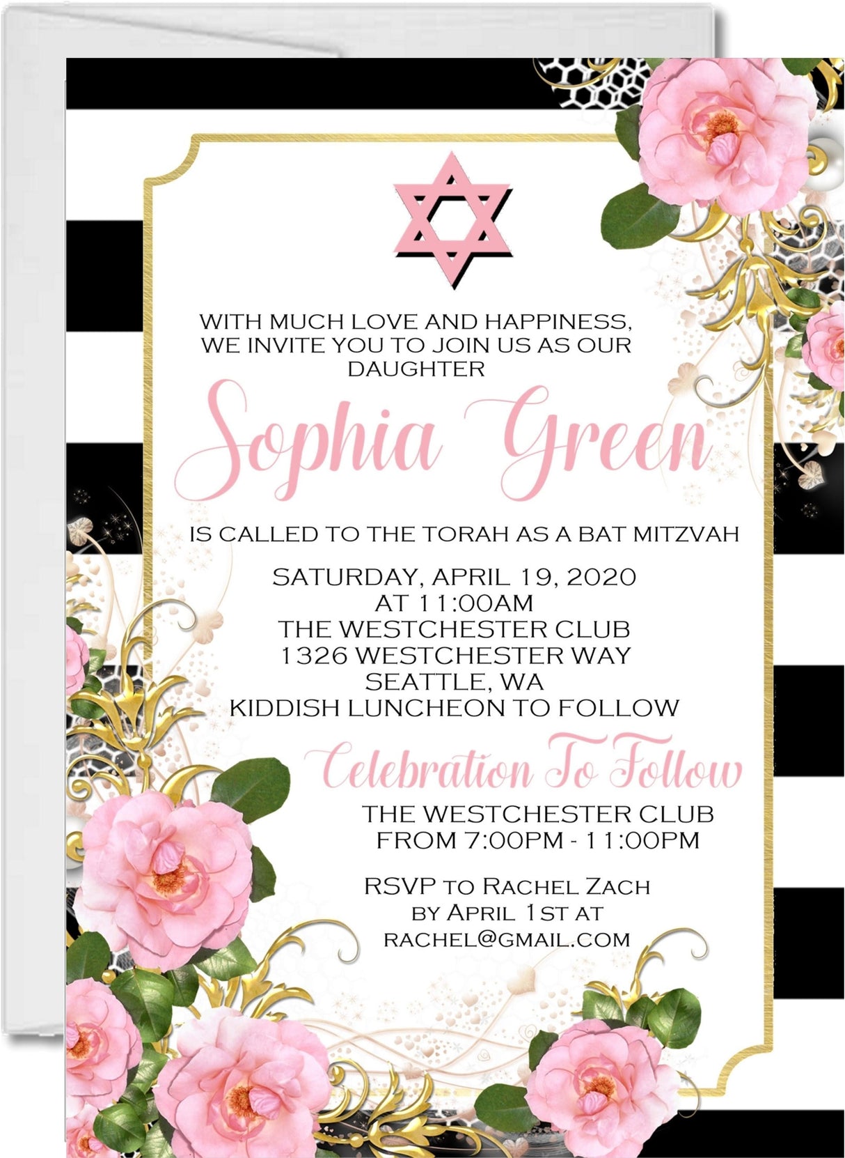 bat mitzvah invitations pink gold floral design