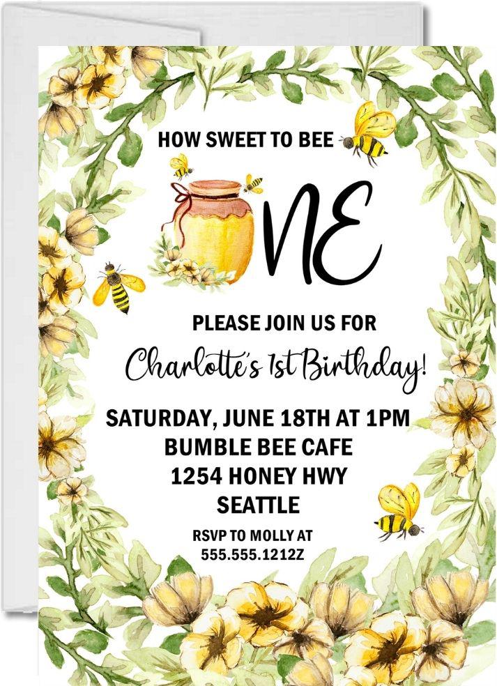 bee 1st birthday invitations yellow floral honey bee design