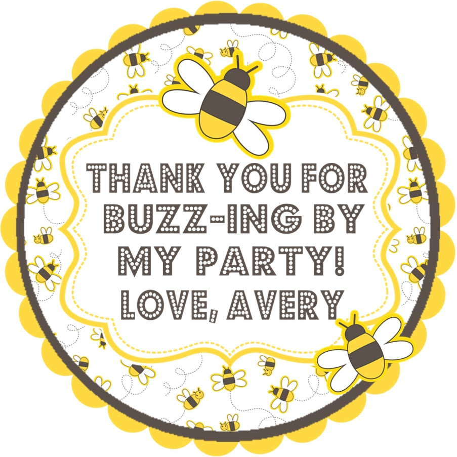 bee birthday favor sticker with layered label and buzzing bees