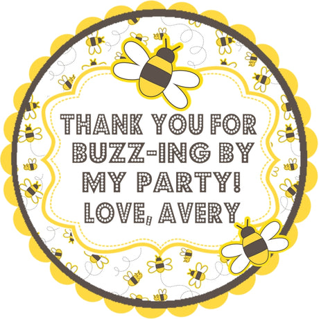 bee birthday favor sticker with layered label and buzzing bees