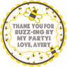 bee birthday favor sticker with layered label and buzzing bees