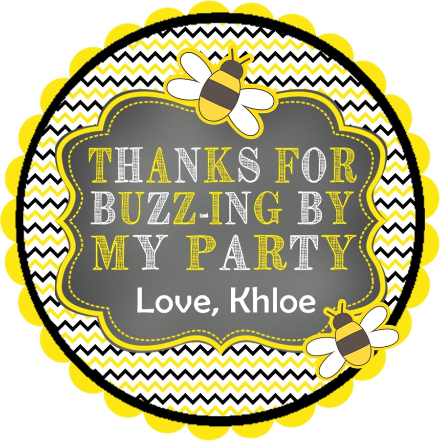 bee birthday sticker with bubble lettering and bee pattern border