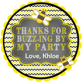 bee birthday sticker with bubble lettering and bee pattern border