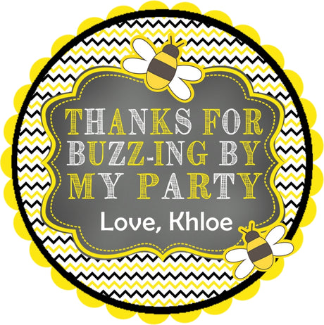 bee birthday sticker with bubble lettering and bee pattern border