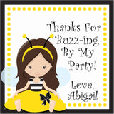 bee birthday sticker with girl on swing and buzzing bees design