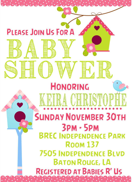 birdhouse baby shower invitations colorful spring birdhouse design