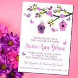 birdhouse baby shower invitations purple floral design