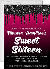 black and pink sweet 16 invitations glitter drip design