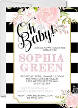 black stripe baby shower invitations blush floral theme