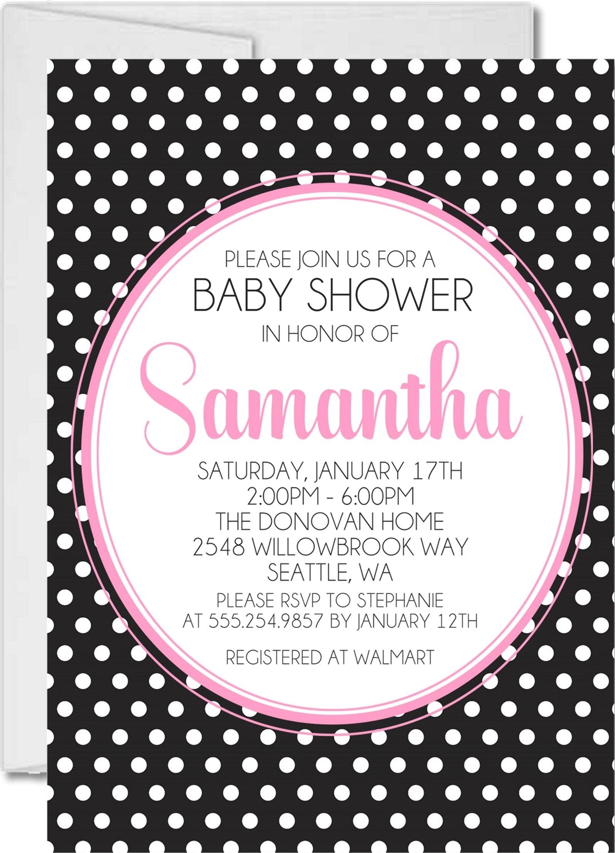 black white pink polka dot baby shower invitations