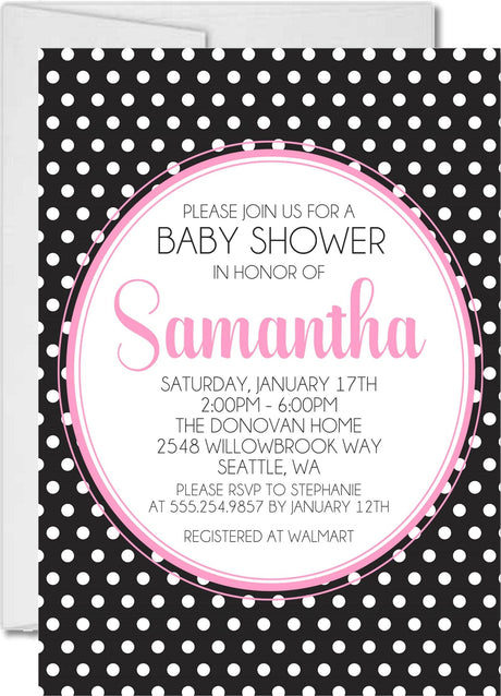 black white pink polka dot baby shower invitations