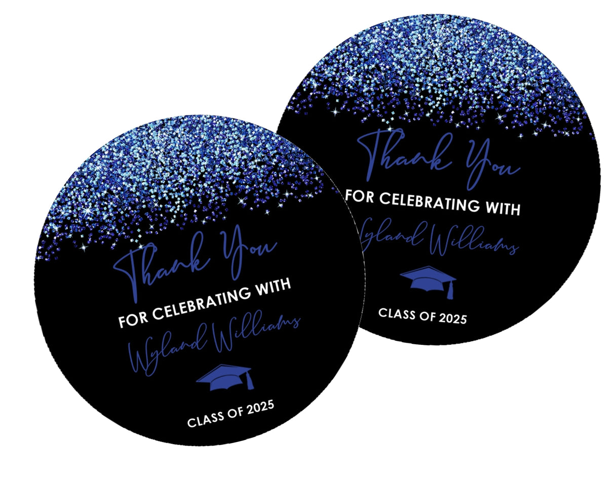 Sheet of blue and black graduation stickers – printed glitter look