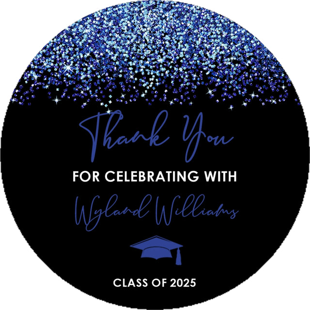 Blue and black graduation stickers – printed glitter design on matte paper