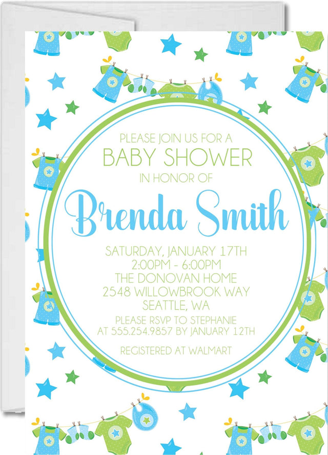 blue baby shower invitations colorful clothesline theme