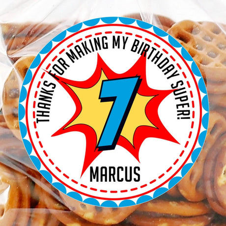 blue border superhero birthday sticker with comic burst