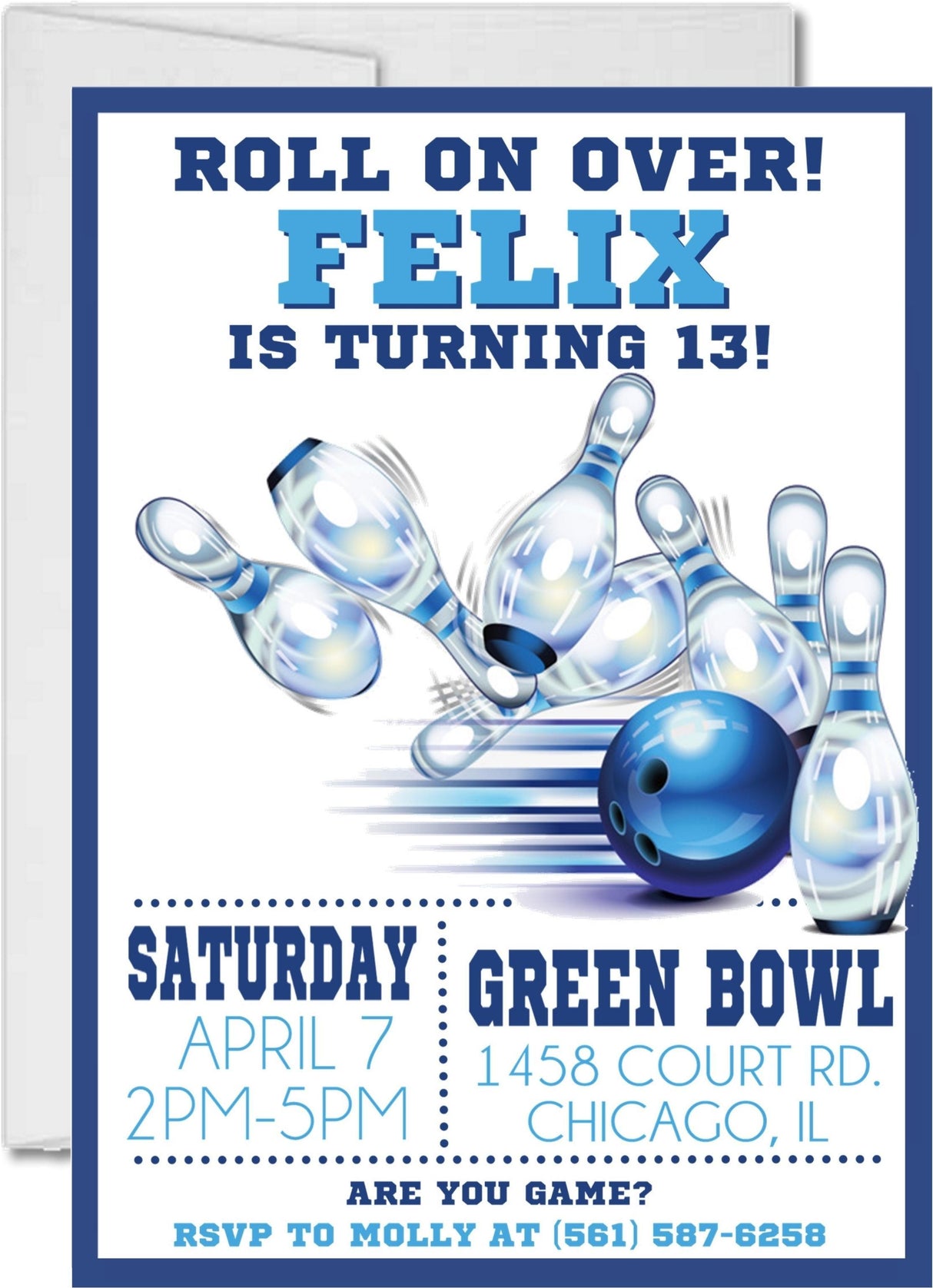 blue bowling birthday party invitations retro bowling alley design