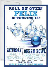 blue bowling birthday party invitations retro bowling alley design