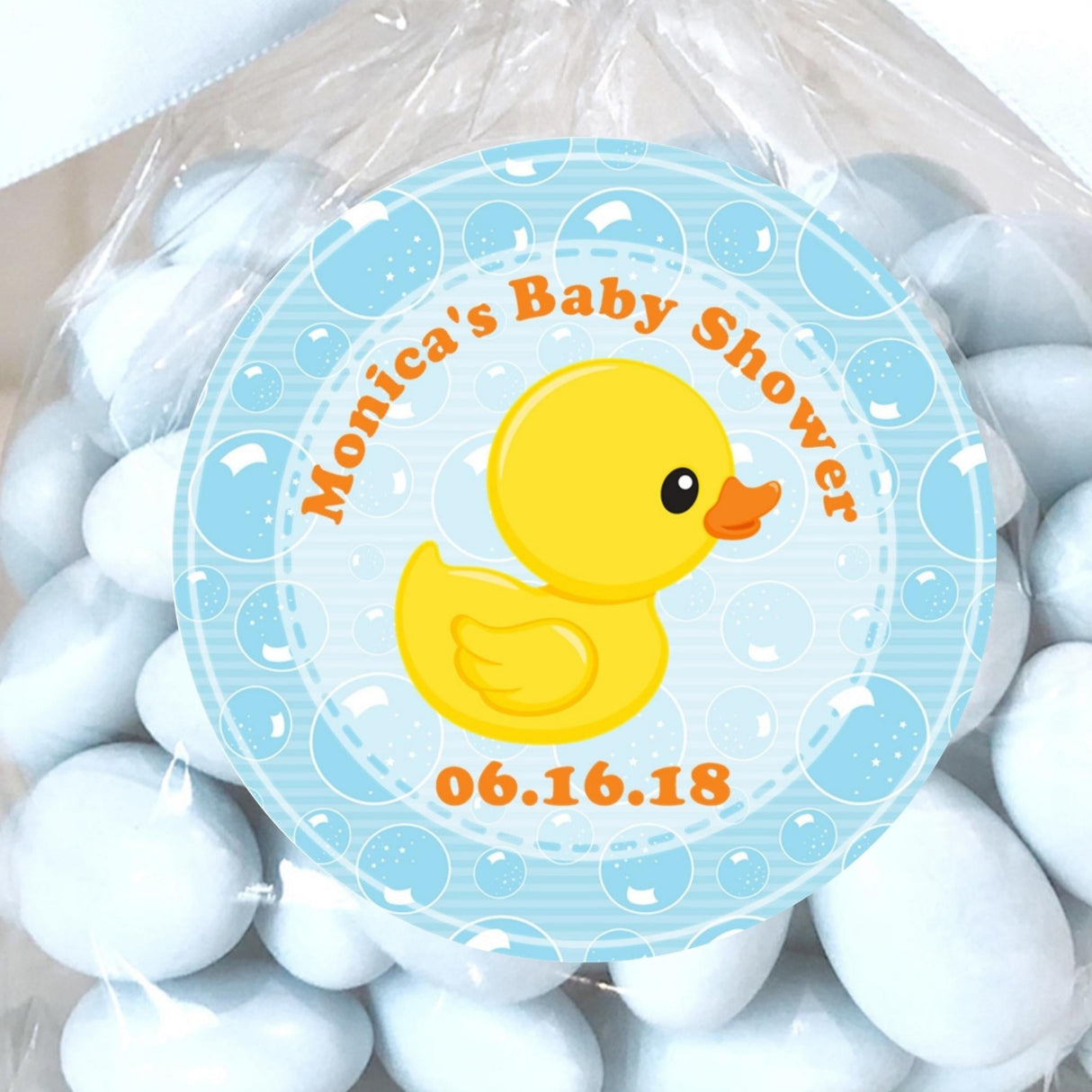 blue bubble rubber duck baby shower sticker for boy favors