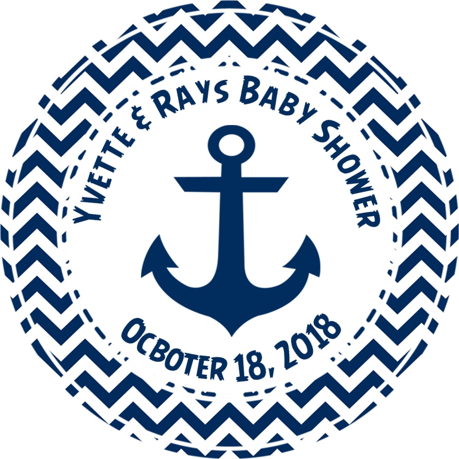 blue chevron anchor baby shower sticker with personalized text