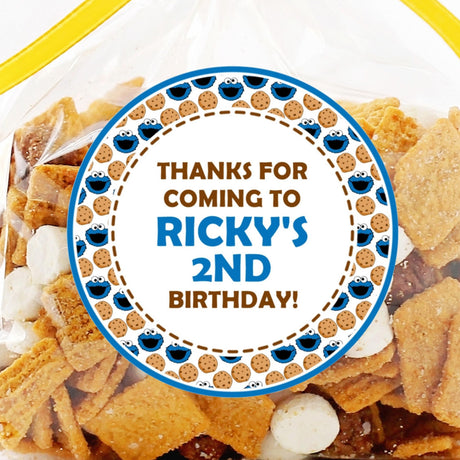 blue cookie monster style birthday sticker with cookie pattern