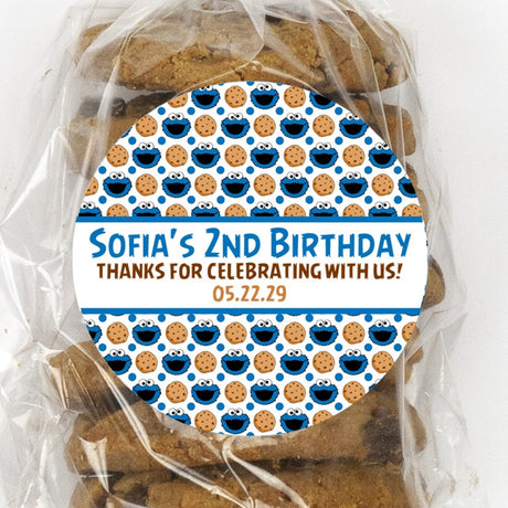 blue cookie themed birthday sticker with cookie monster style faces