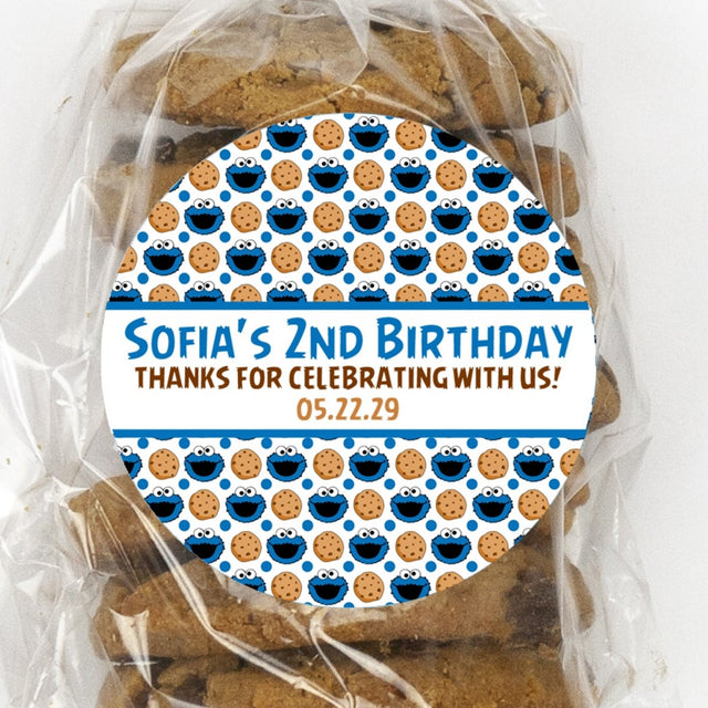 blue cookie themed birthday sticker with cookie monster style faces