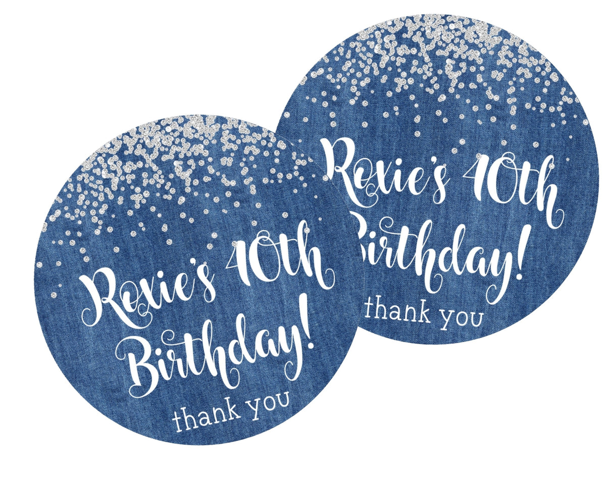 blue denim glitter birthday party label
