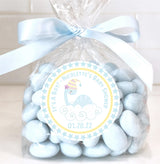 blue dino baby shower sticker with stars and clouds