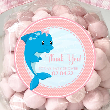 blue dolphin baby shower sticker with pink bow