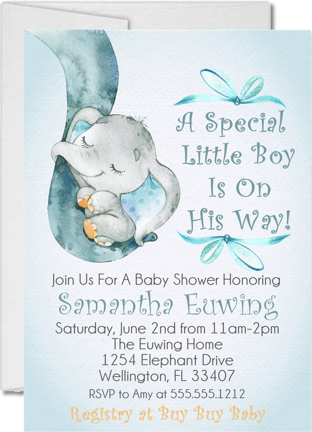 blue elephant baby shower invitations watercolor storybook design