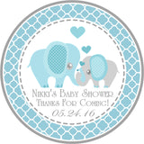 blue elephant baby shower sticker with heart design and patterned border