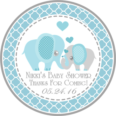 blue elephant baby shower sticker with heart design and patterned border