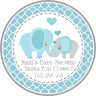 blue elephant baby shower sticker with heart design and patterned border