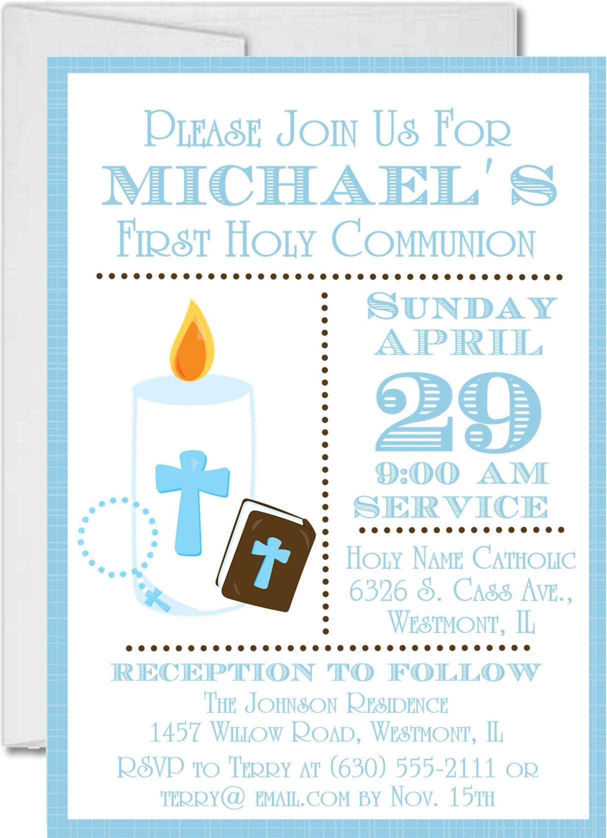 blue first communion invitations with cross chalice and rosary artwork
